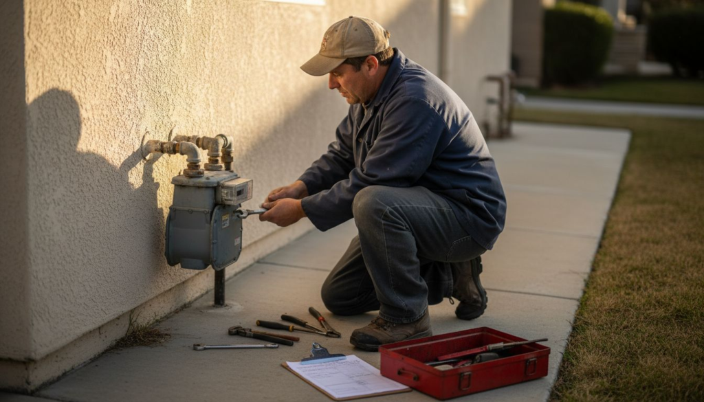 Technician repairing residential gas meter outdoors
