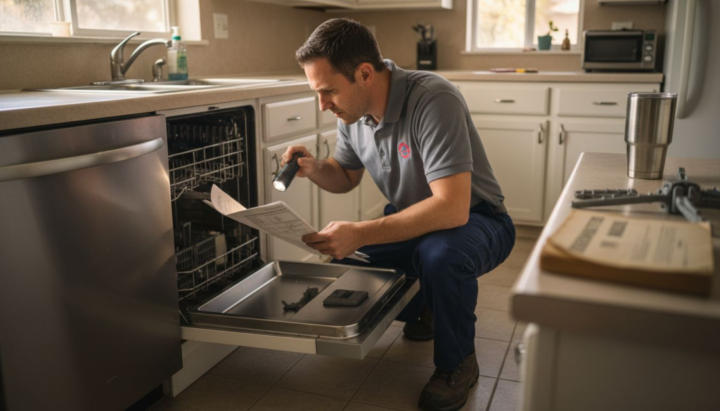 Technician repairing kitchen dishwasher with tools