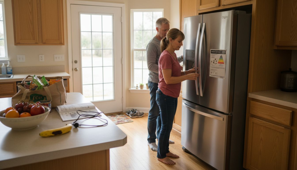 Couple unpacks energy efficient refrigerator in kitchen