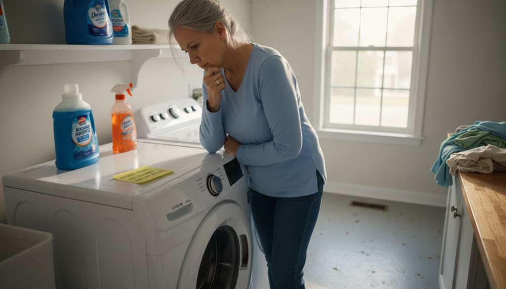 Homeowner inspecting washing machine for problems