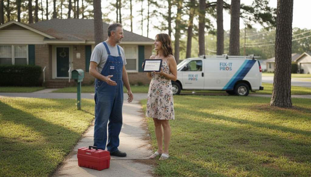 Repair technician speaking with homeowner outside