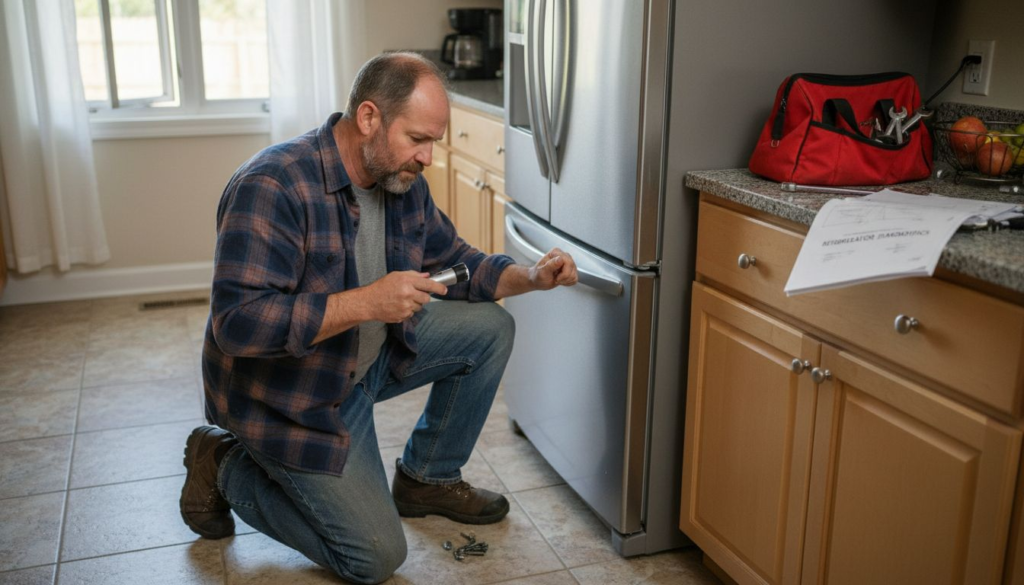 Man troubleshooting kitchen refrigerator setup