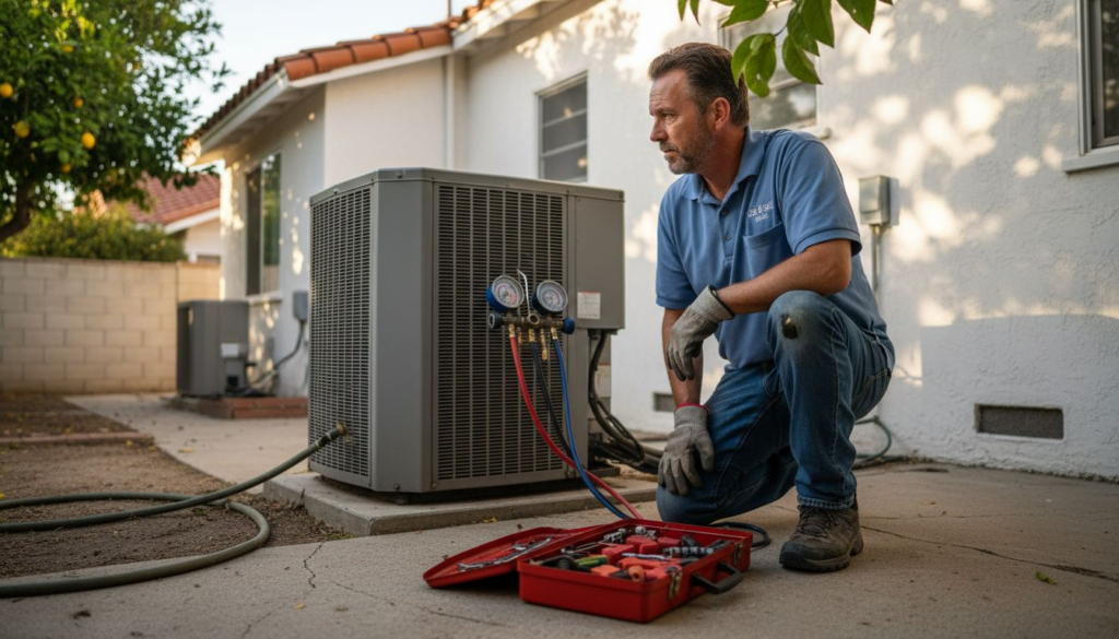Technician testing home AC condenser outside