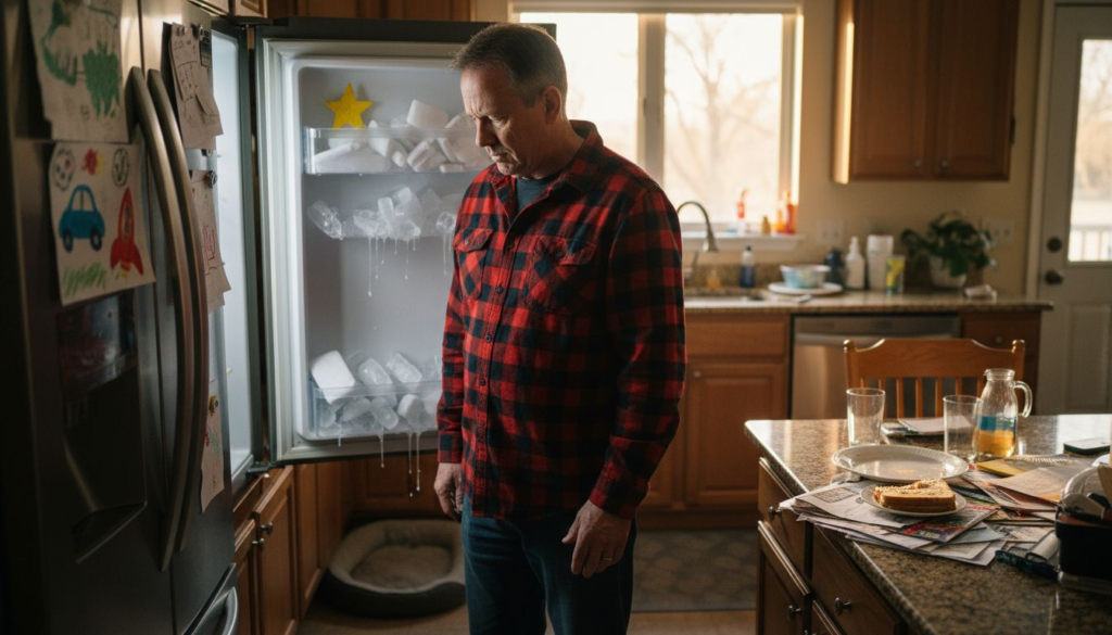 Man inspecting malfunctioning ice maker in kitchen