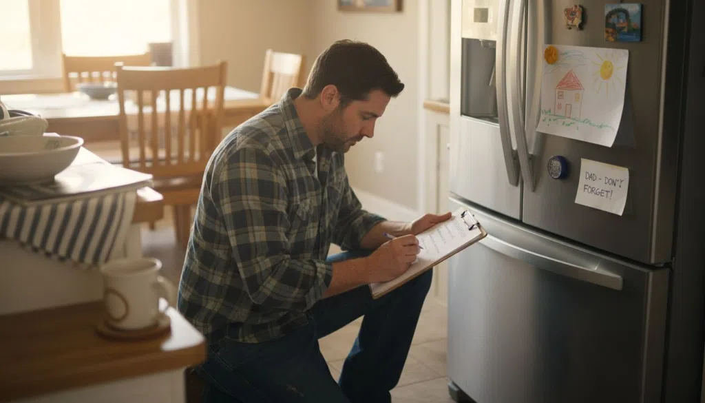Father preparing for appliance inspection checklist