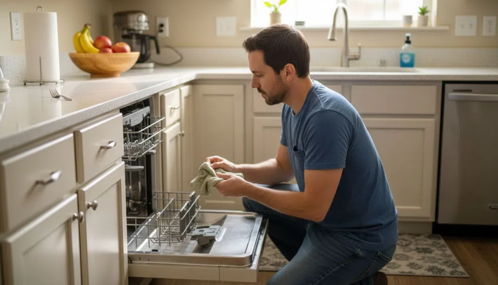 Homeowner inspecting dishwasher filter in kitchen