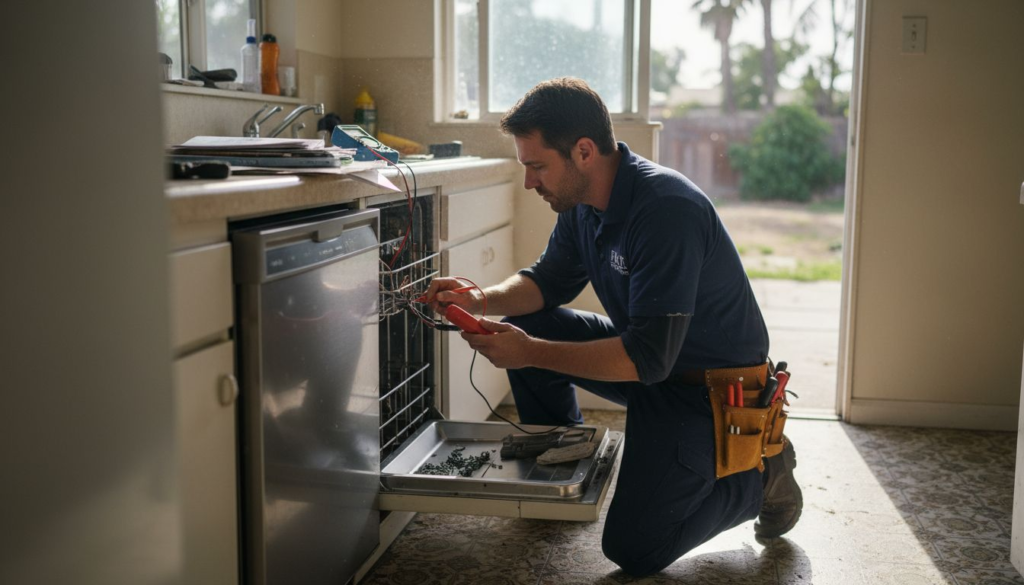 Technician checking dishwasher in real home kitchen