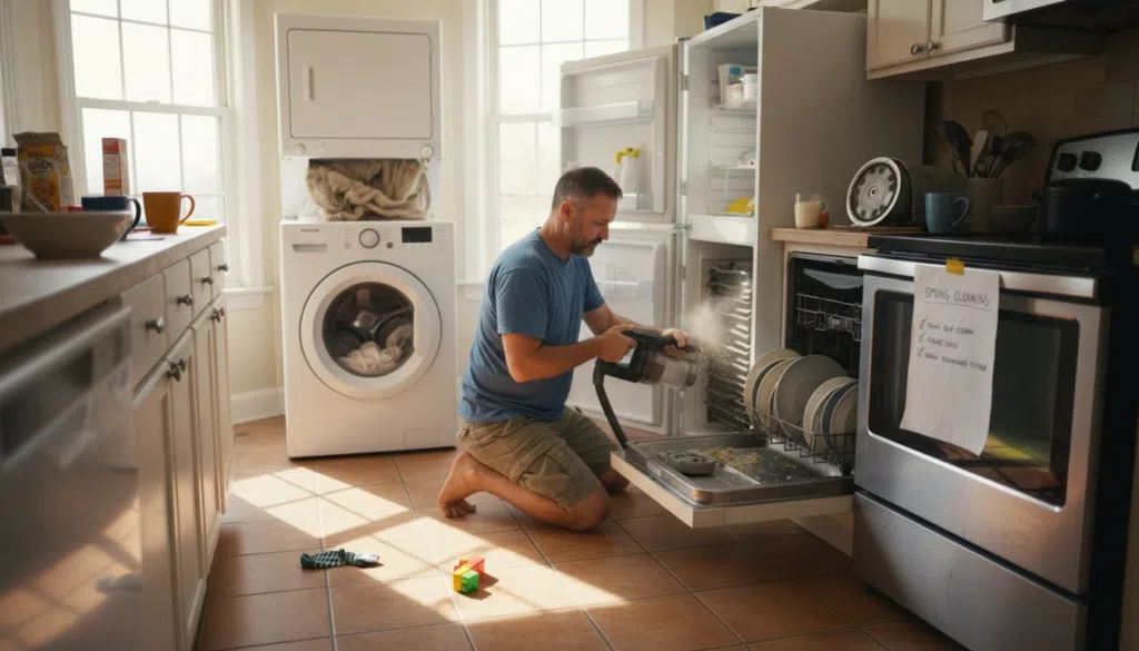 Person performing appliance maintenance in family kitchen