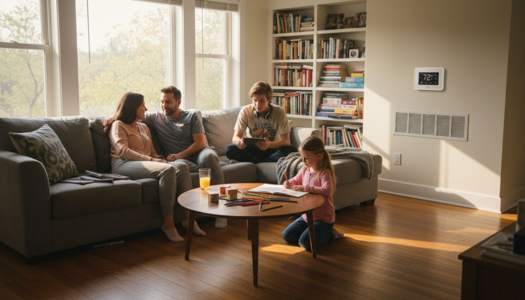 Family relaxing in sunlit HVAC-controlled home