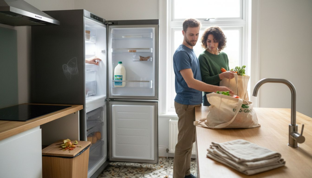 Couple loading groceries in eco-friendly kitchen