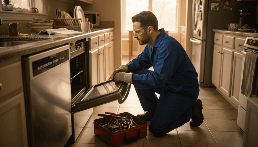 Technician in safety gear repairing kitchen oven