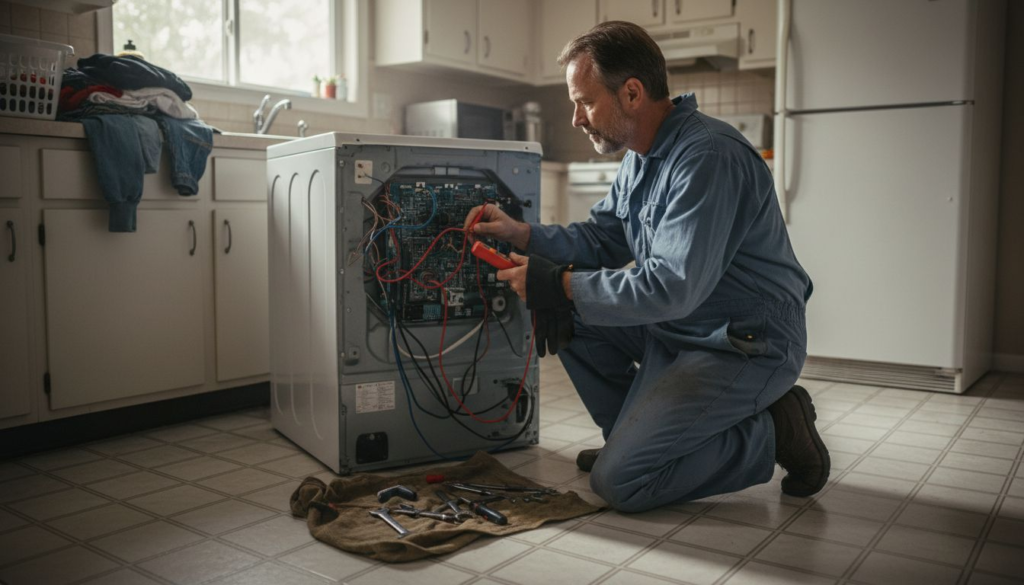 Repair technician fixing home appliance urgently