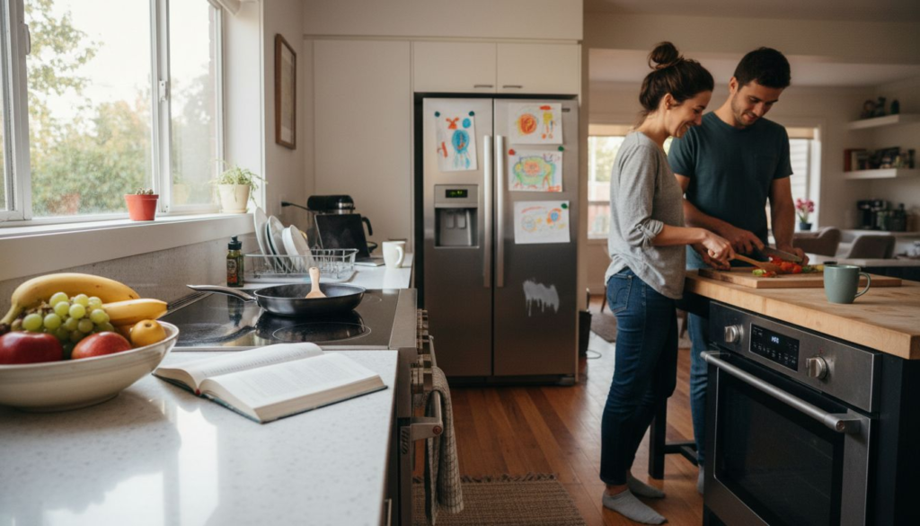 Couple cooking on induction range in kitchen