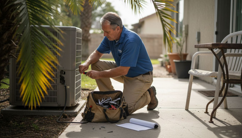 Technician servicing outdoor HVAC unit