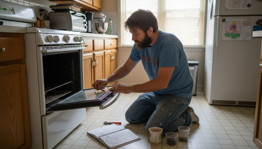 Homeowner preparing to repair oven in kitchen