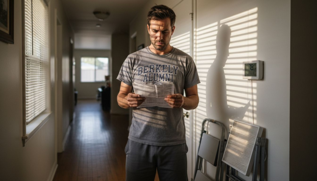 Homeowner checking energy bill near thermostat