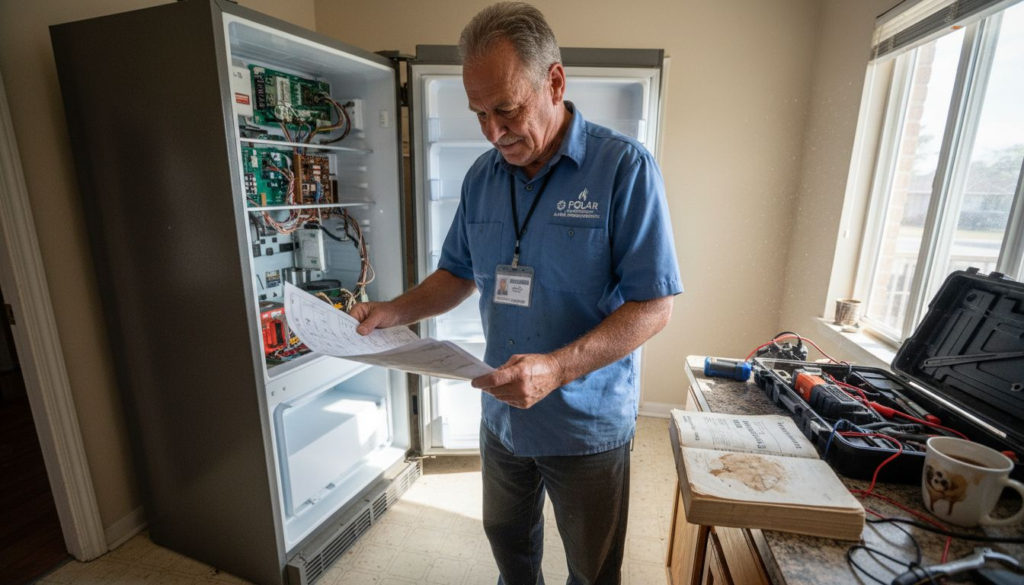 Insured technician repairing refrigerator in home kitchen