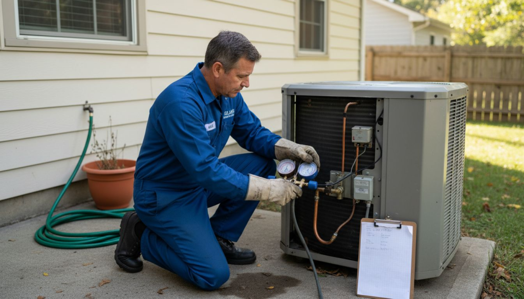 HVAC technician checking refrigerant pressures