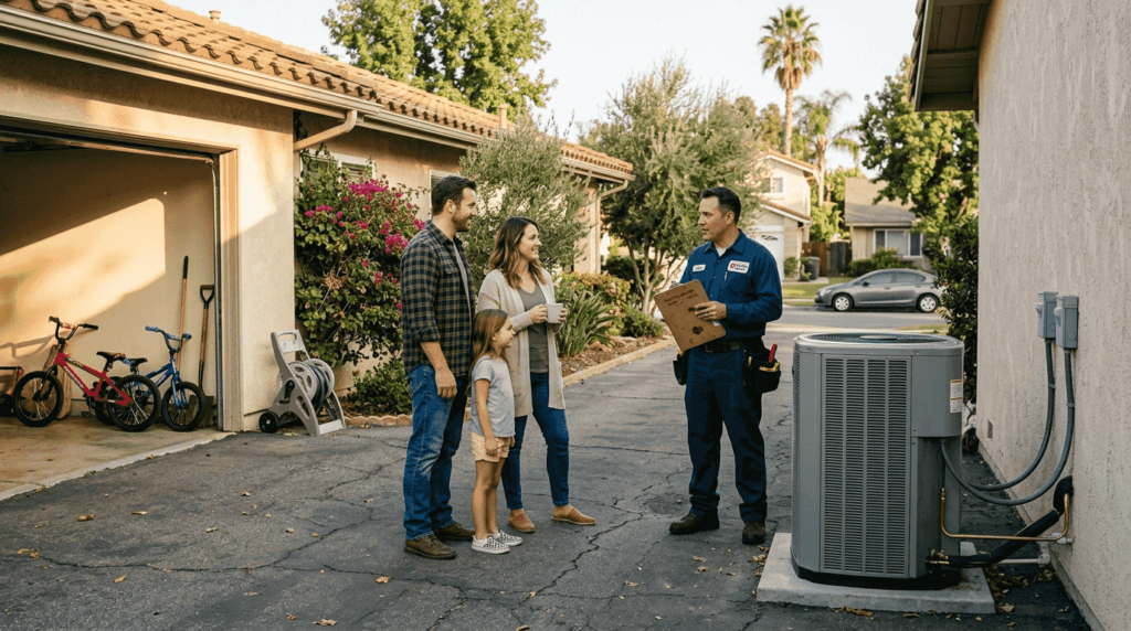 Homeowner and technician at energy efficient HVAC unit