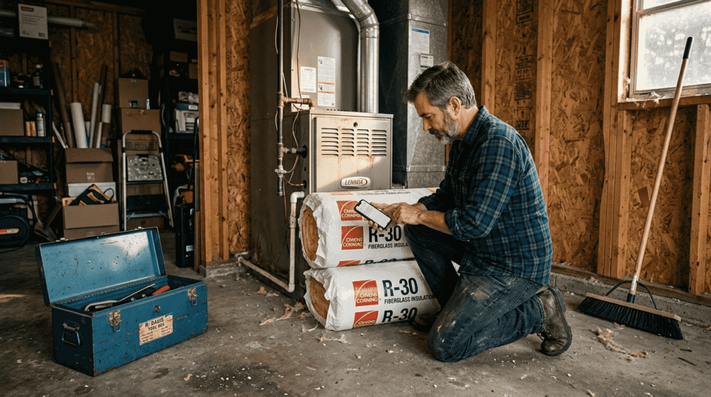 Homeowner evaluating insulation near HVAC unit