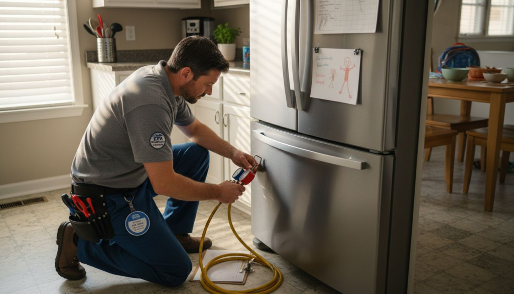 Technician repairing appliance with certification badge