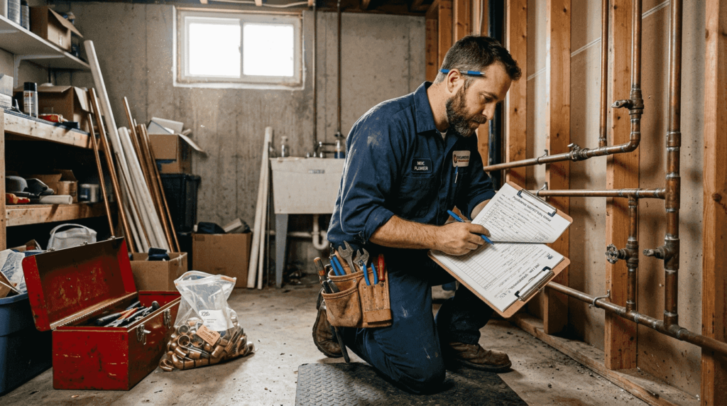 Certified plumber inspecting pipes at job site