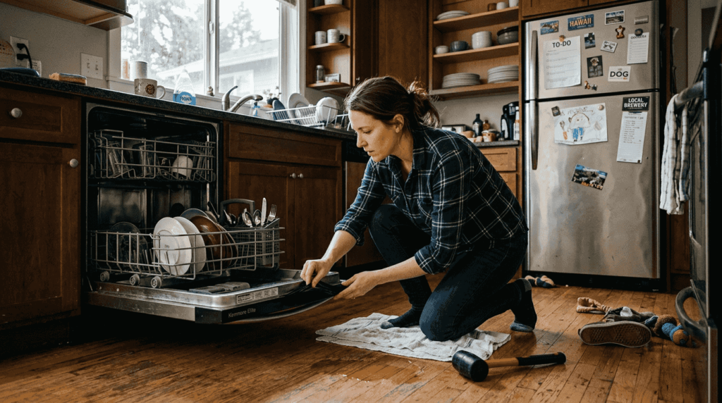 Inspecting dishwasher seal for kitchen leak