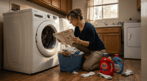 Homeowner troubleshooting washer in lived-in laundry room
