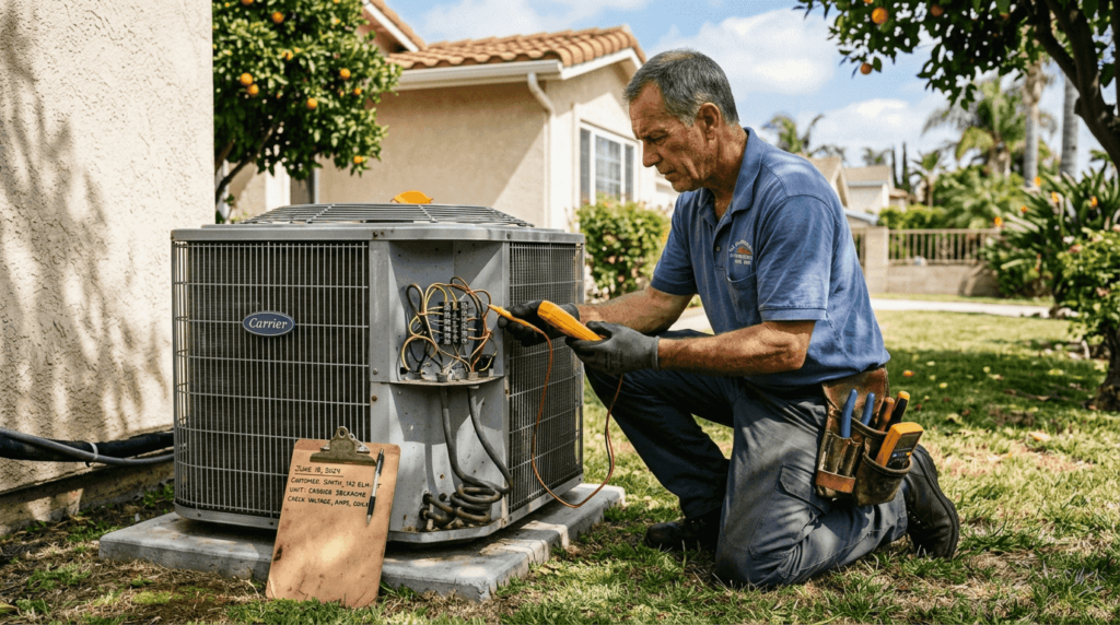 HVAC technician inspecting residential air conditioning