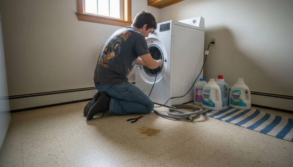Homeowner preparing laundry area for washer install