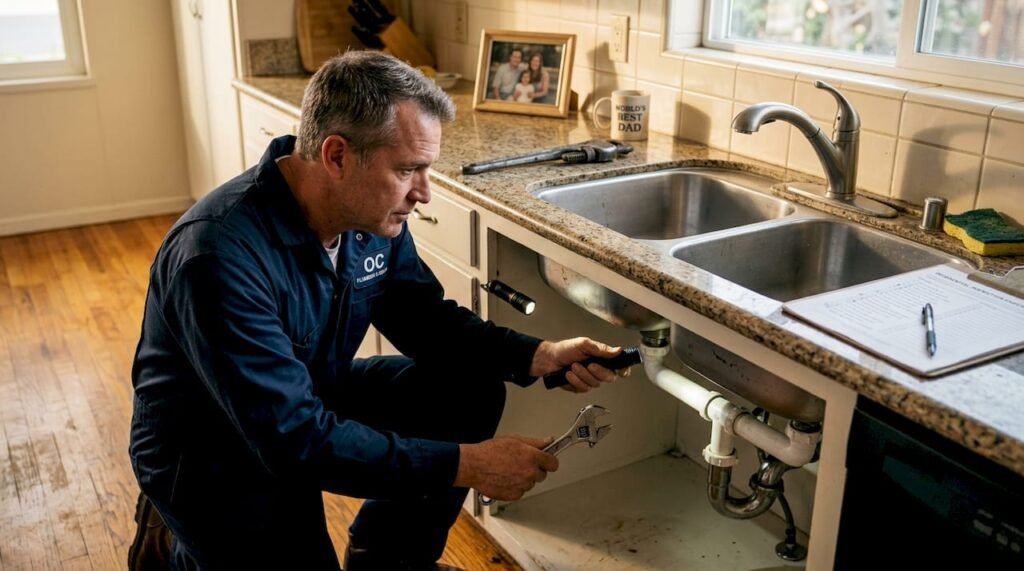Plumber inspecting pipes under kitchen sink