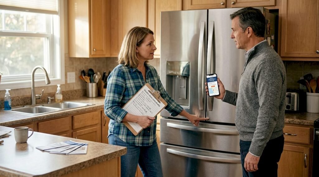 Homeowners discussing appliance repair choices