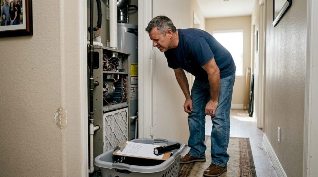 Homeowner checking high efficiency HVAC unit