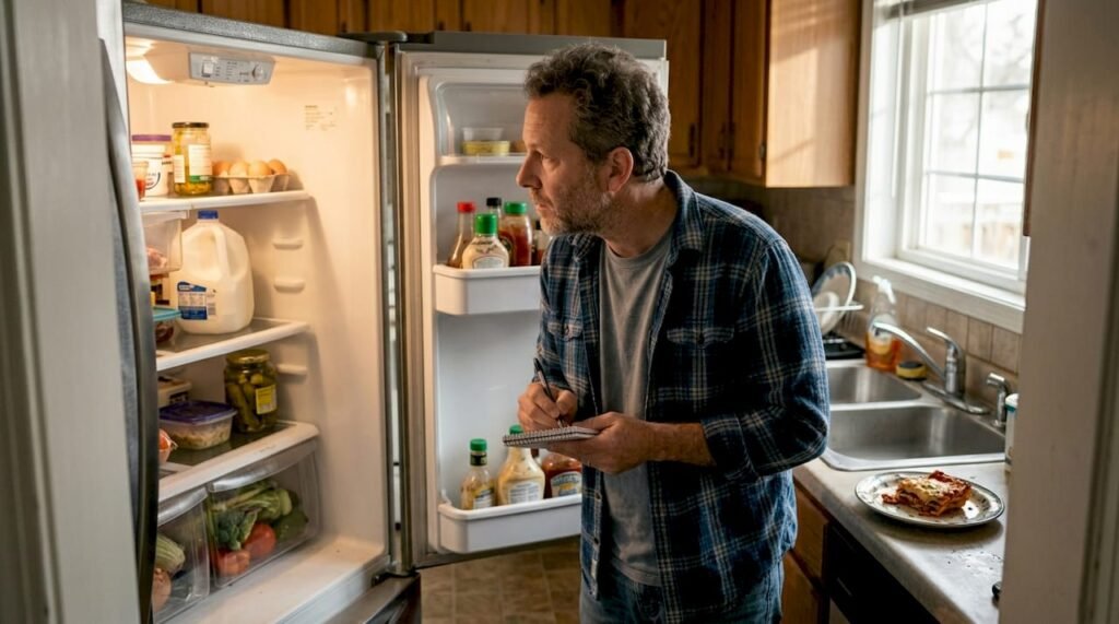 Homeowner inspecting refrigerator in kitchen