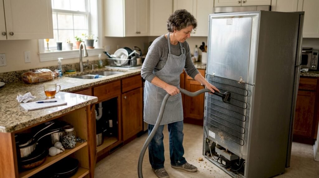 Homeowner doing basic refrigerator maintenance