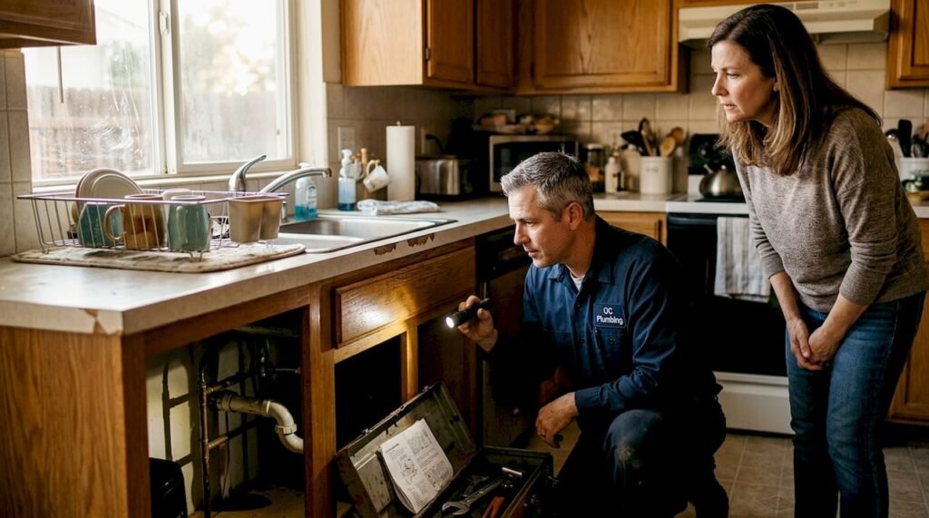 Plumber examining pipes under kitchen sink