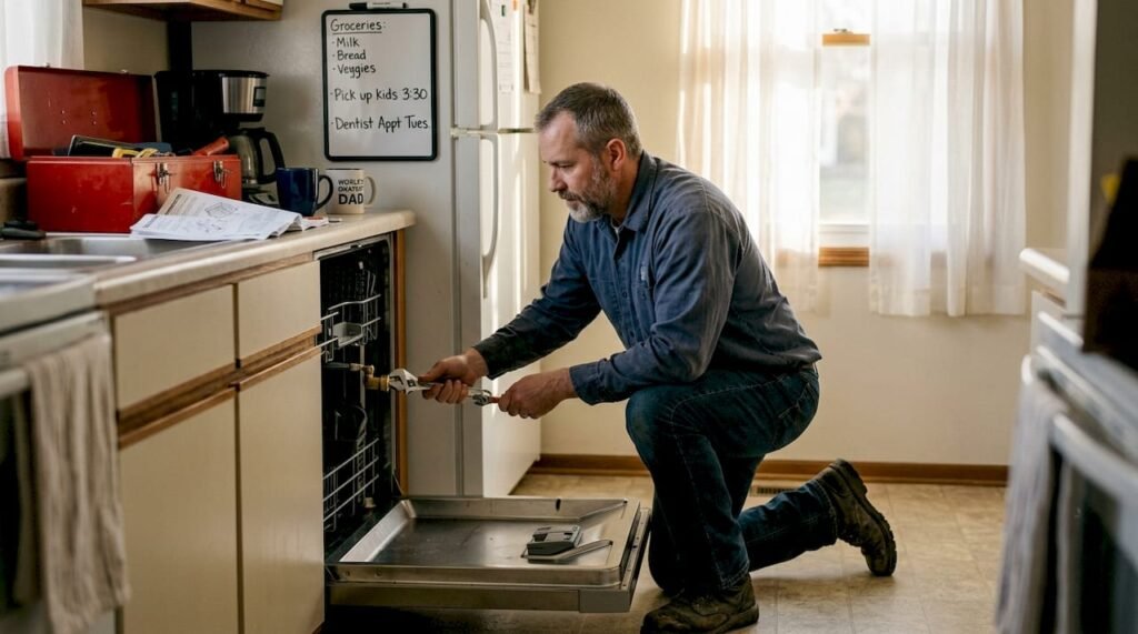 Installer working safely on kitchen appliance