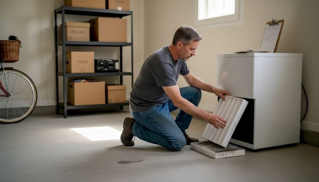 Homeowner changing HVAC filter in garage