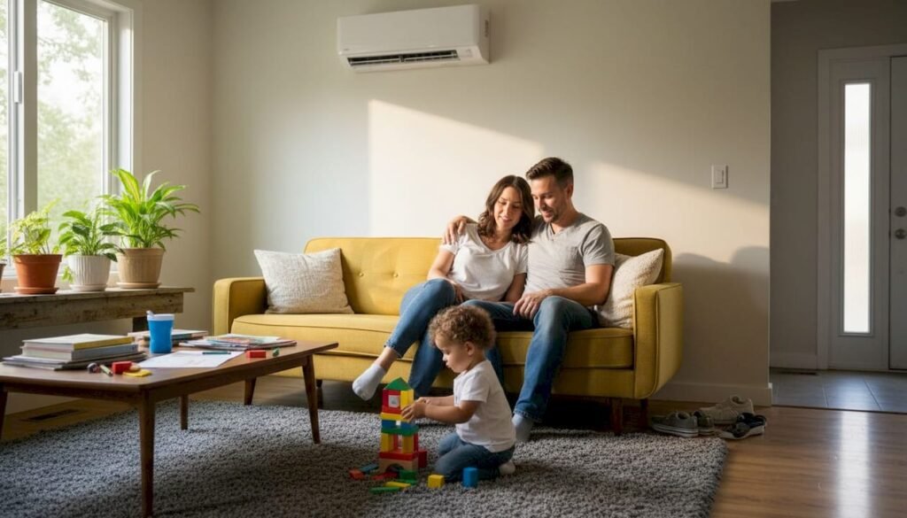 Family in living room with ductless AC unit