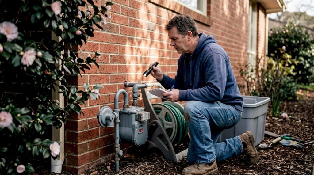 Homeowner inspecting gas line by outdoor meter