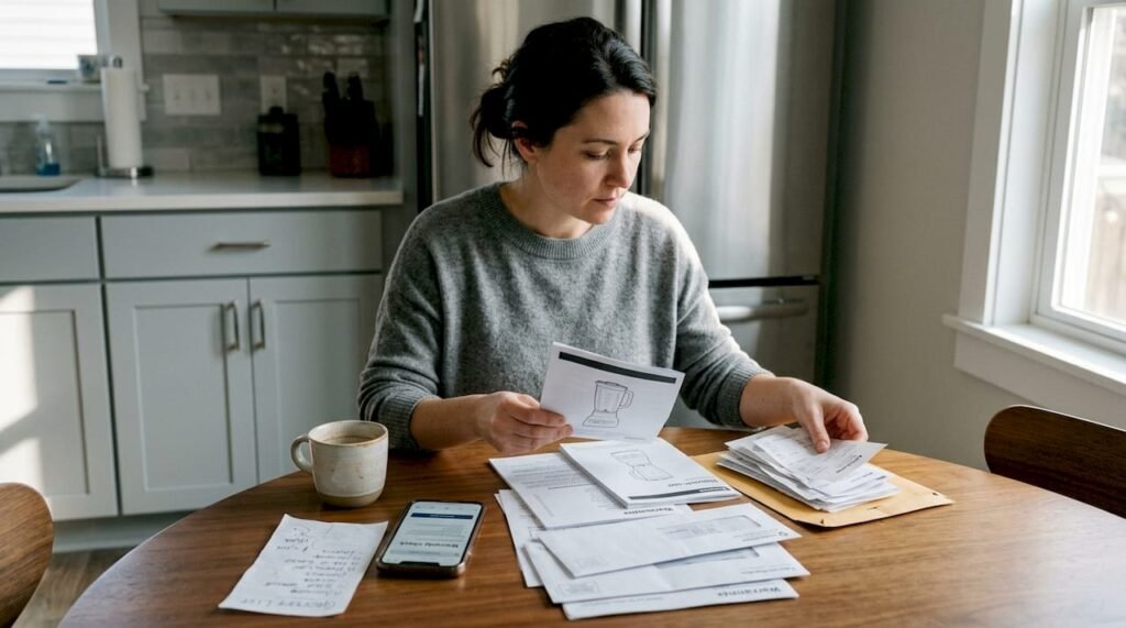 Woman checking appliance warranty at kitchen table