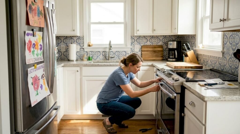 Homeowner inspecting oven cord in kitchen