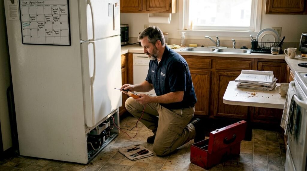 Technician repairing kitchen appliance for homeowner