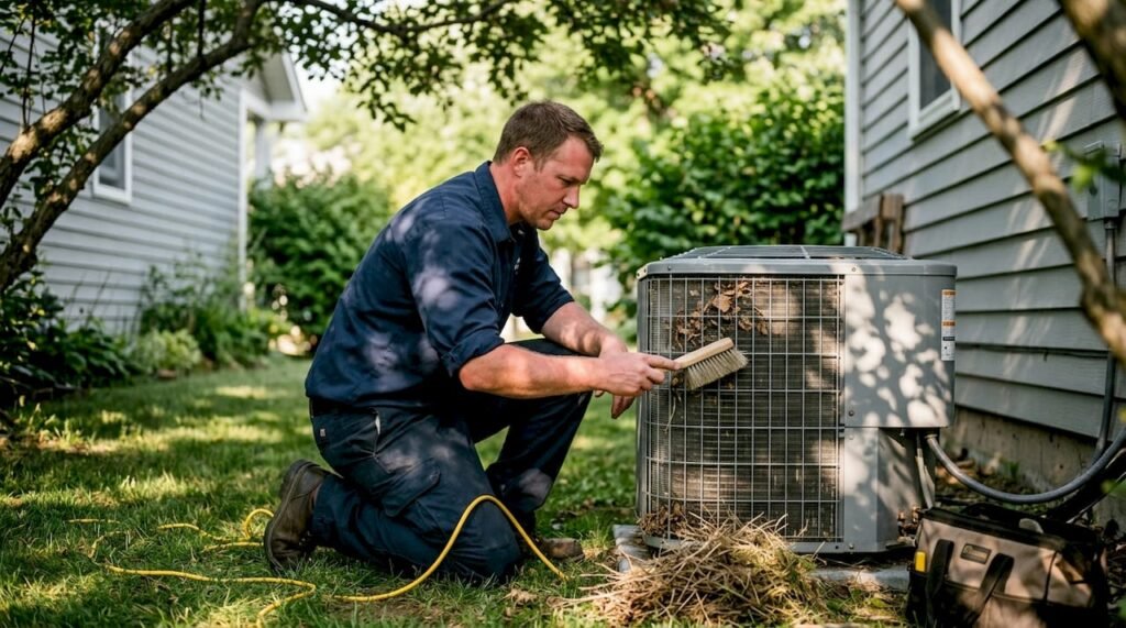 Technician cleaning outdoor HVAC unit coils