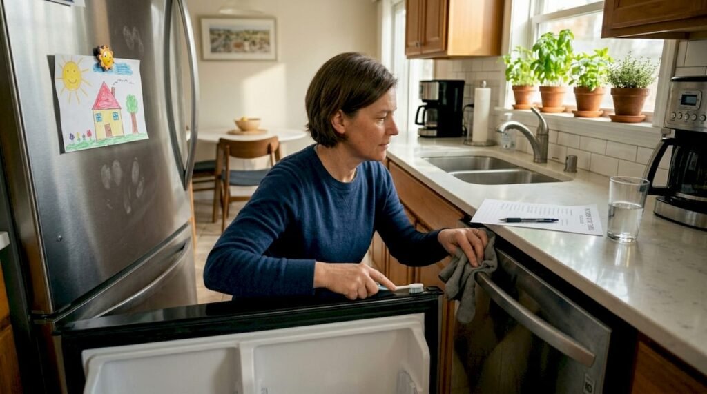 Homeowner cleaning refrigerator seal in kitchen
