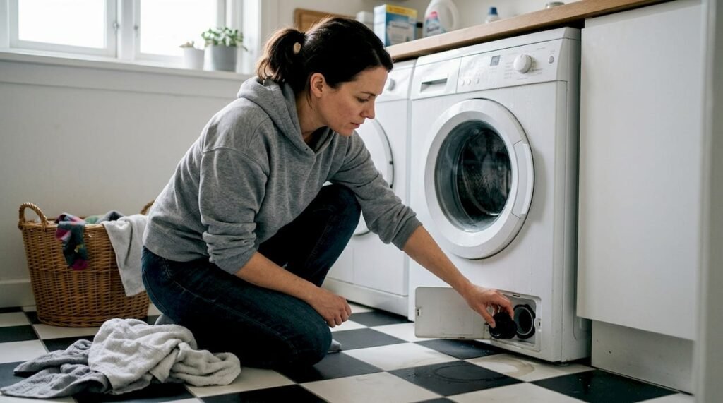 Homeowner opens filter panel on front load washer
