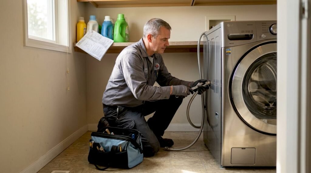 Electrician installing washer in lived-in laundry room