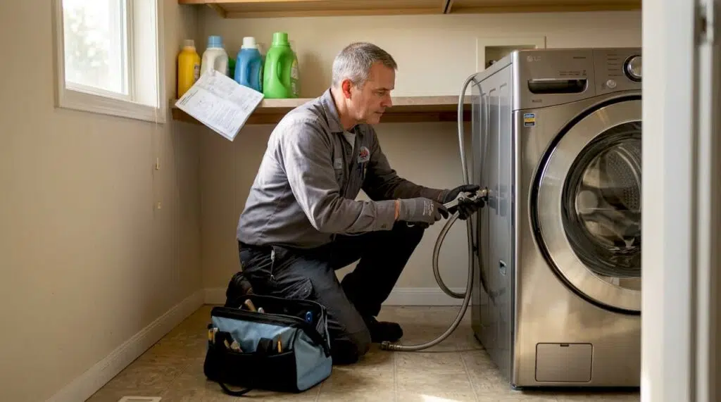 Electrician installing washer in lived-in laundry room