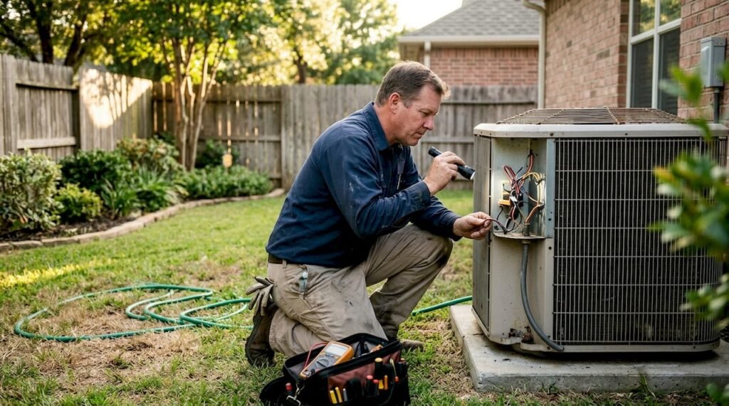 Technician inspecting outdoor HVAC unit in yard