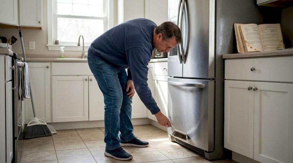 Homeowner cleaning refrigerator base in lived-in kitchen